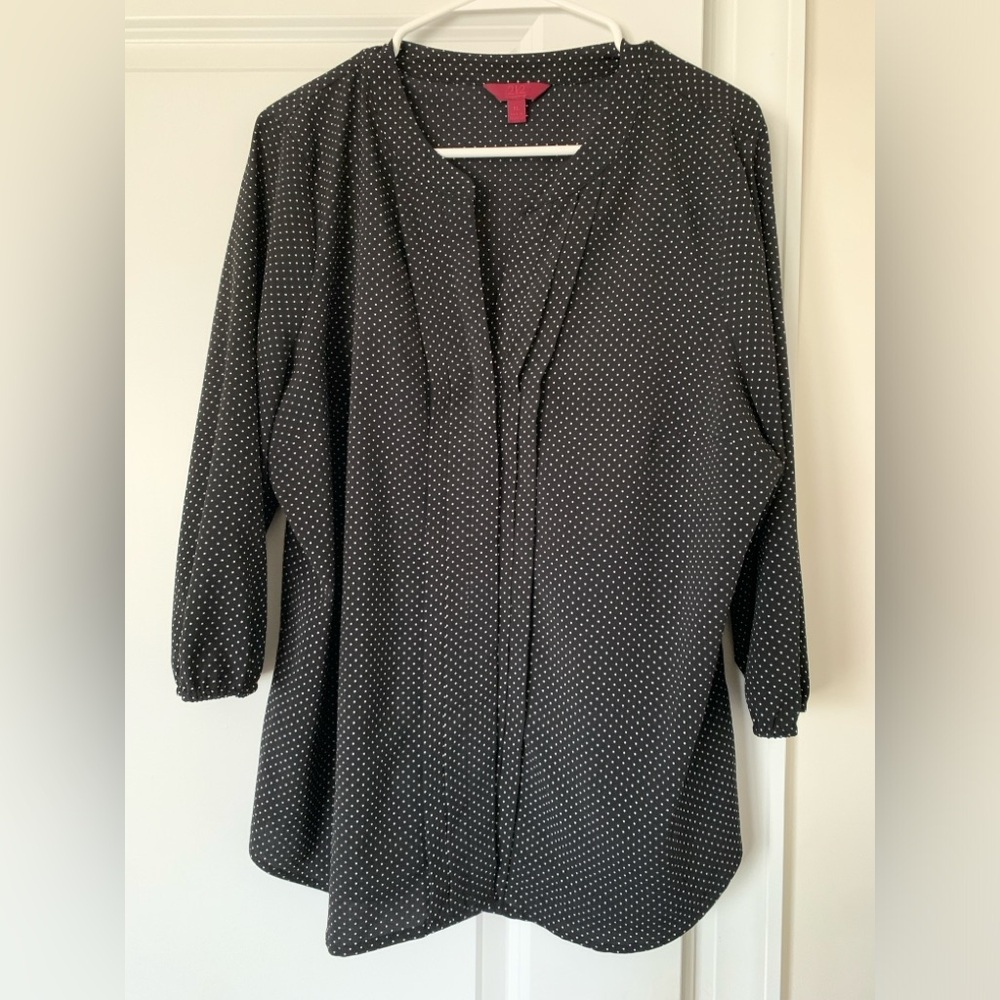 Black Front Pleated Blouse with White Polka Dot Pattern